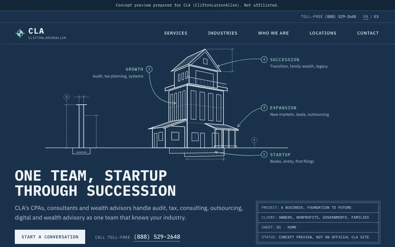 The Blueprint home page: a white line drawing of a building on a navy sheet, above a monospaced uppercase headline and a drafting title block.