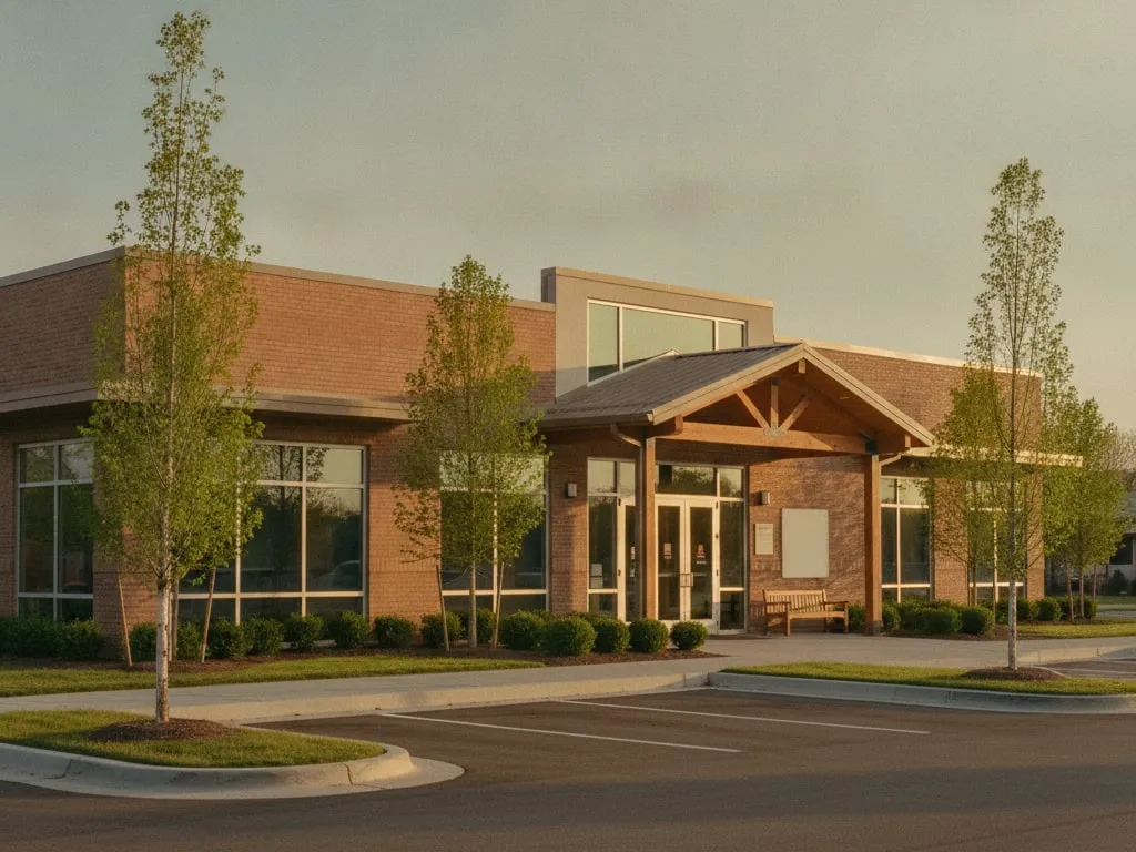 Sample Main Street photograph: a single-story brick clinic with young trees at golden hour.